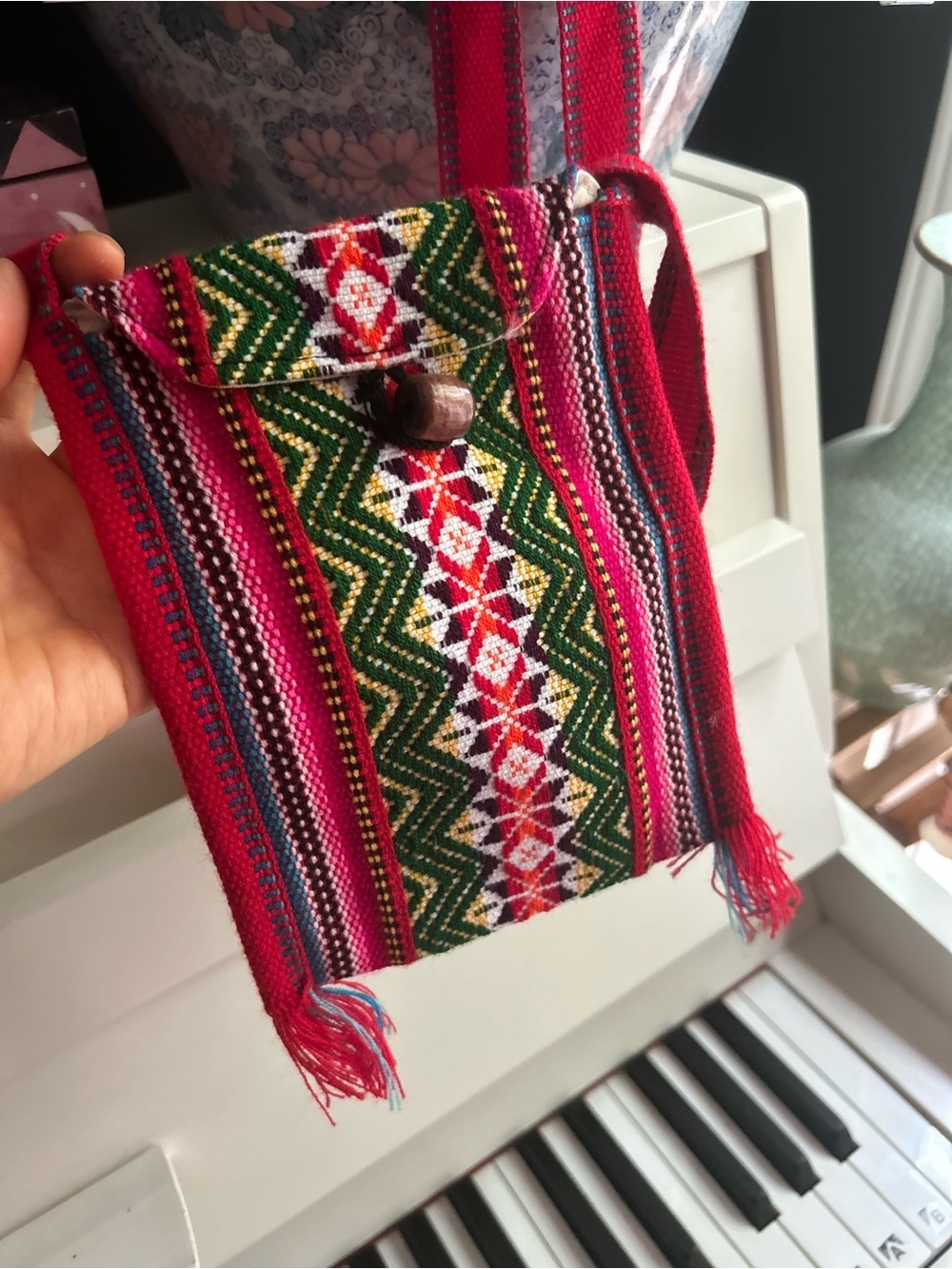 Vintage Handwoven Woven Boho Crossbody Bag Red Pink Ethnic Festival Fringe Purse - Picture 2 of 10